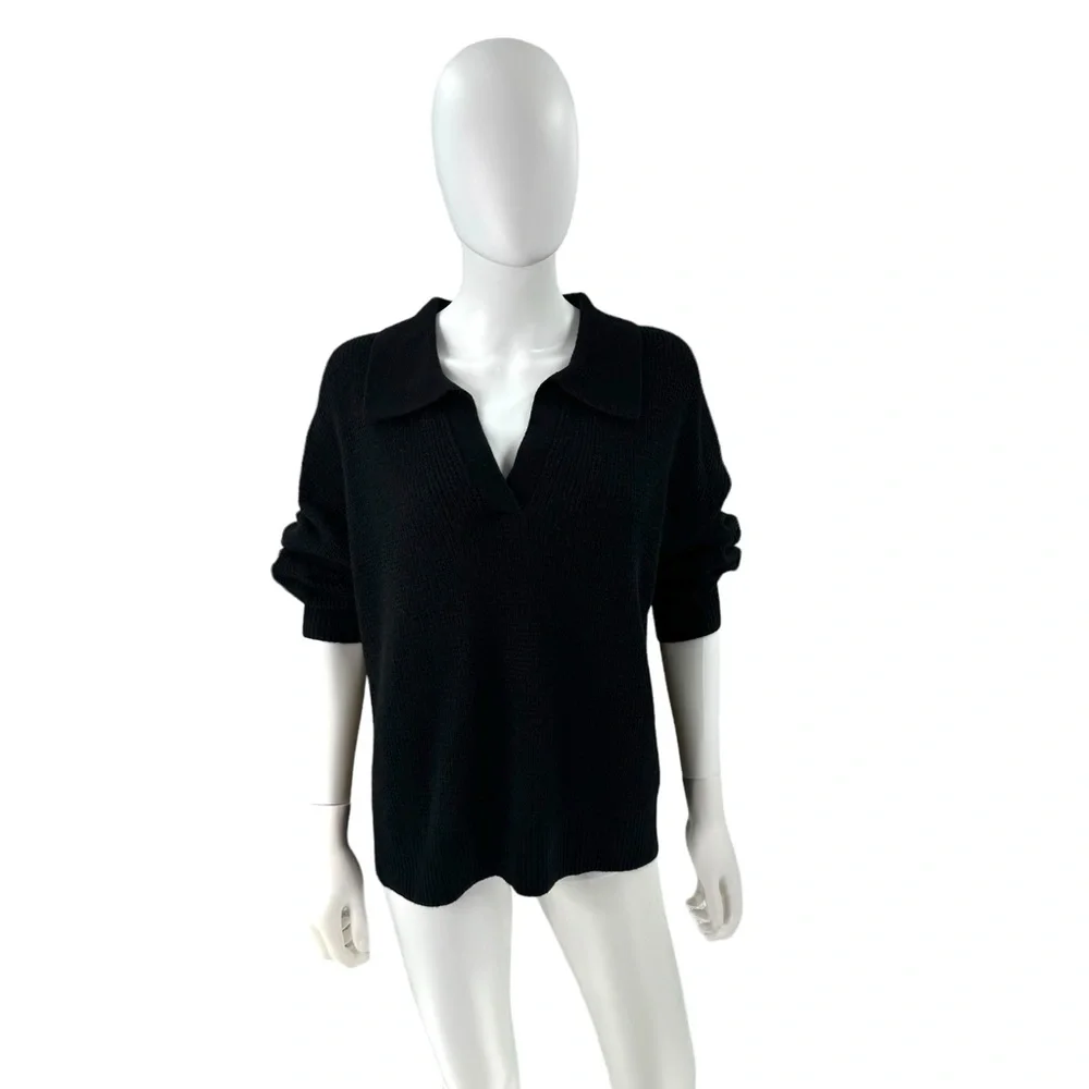 Quince | NEW Baby Alpaca-Wool Waffle Stitch Polo Sweater in Black Size XL - Picture 4 of 11